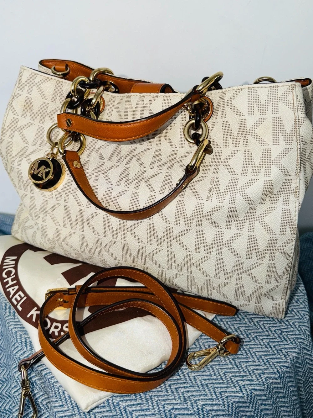 Michael Kors Cream & Brown MK Logo Tote with Gold Hardware